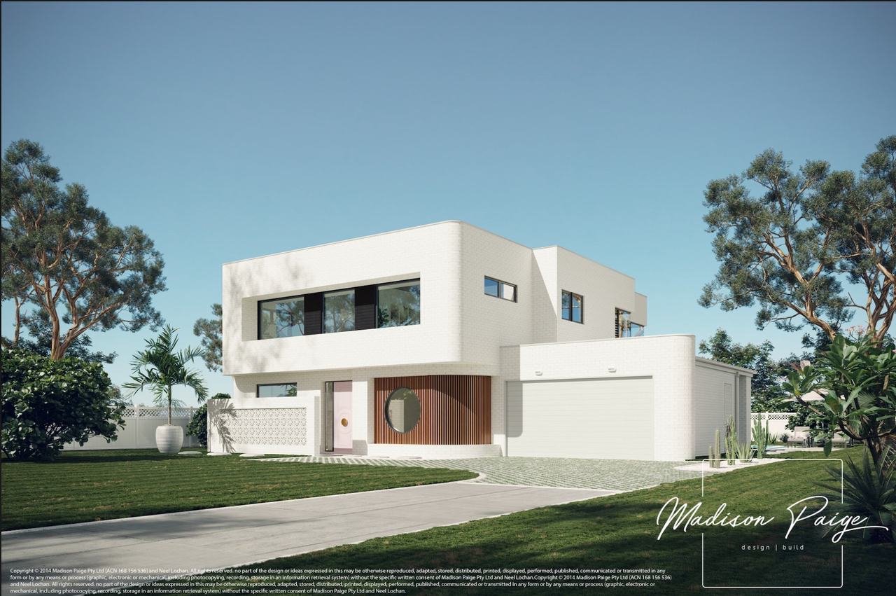 3D house exterior rendering — client logo placement