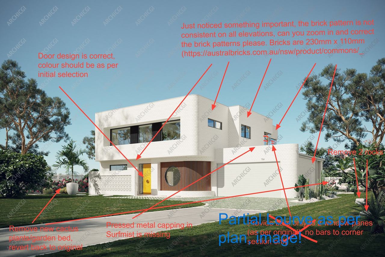 3D house exterior rendering — client annotation notes