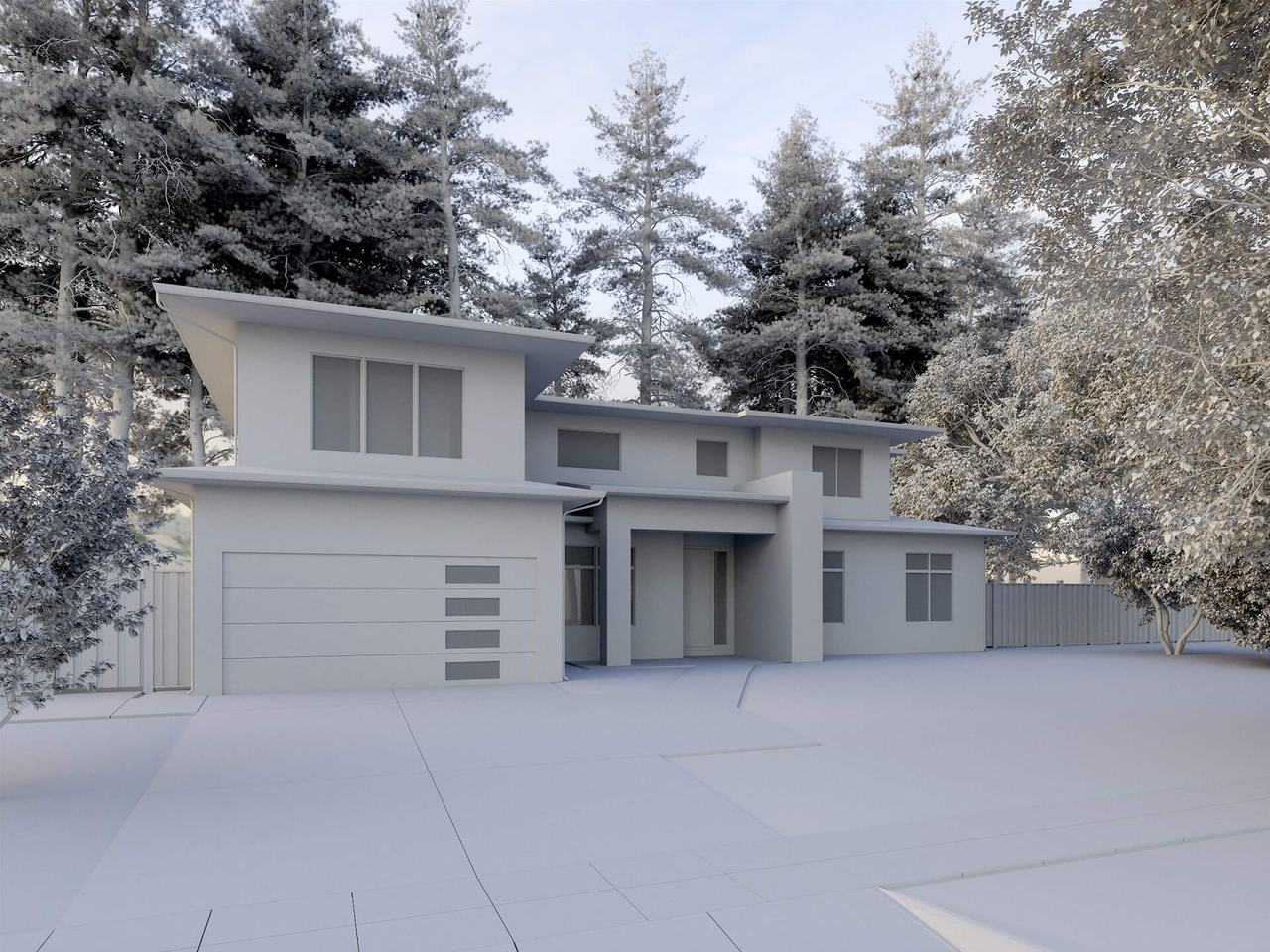 Professional exterior rendering — grayscale front view CGI