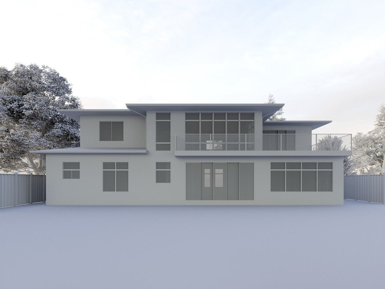 Professional exterior rendering — grayscale rear view CGI