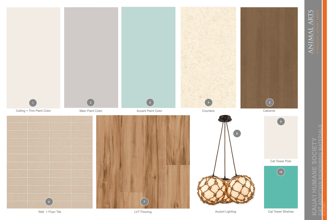 Materials Board for Cat Adoption Area Rendering