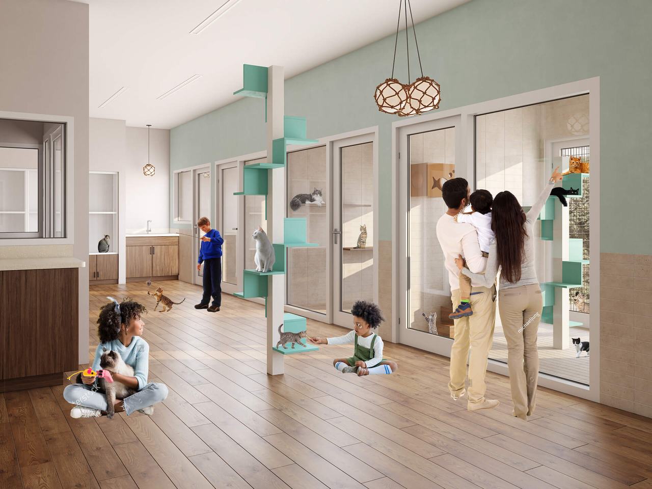 Second Draft of Cat Shelter Render with Photoshopped People and Cats