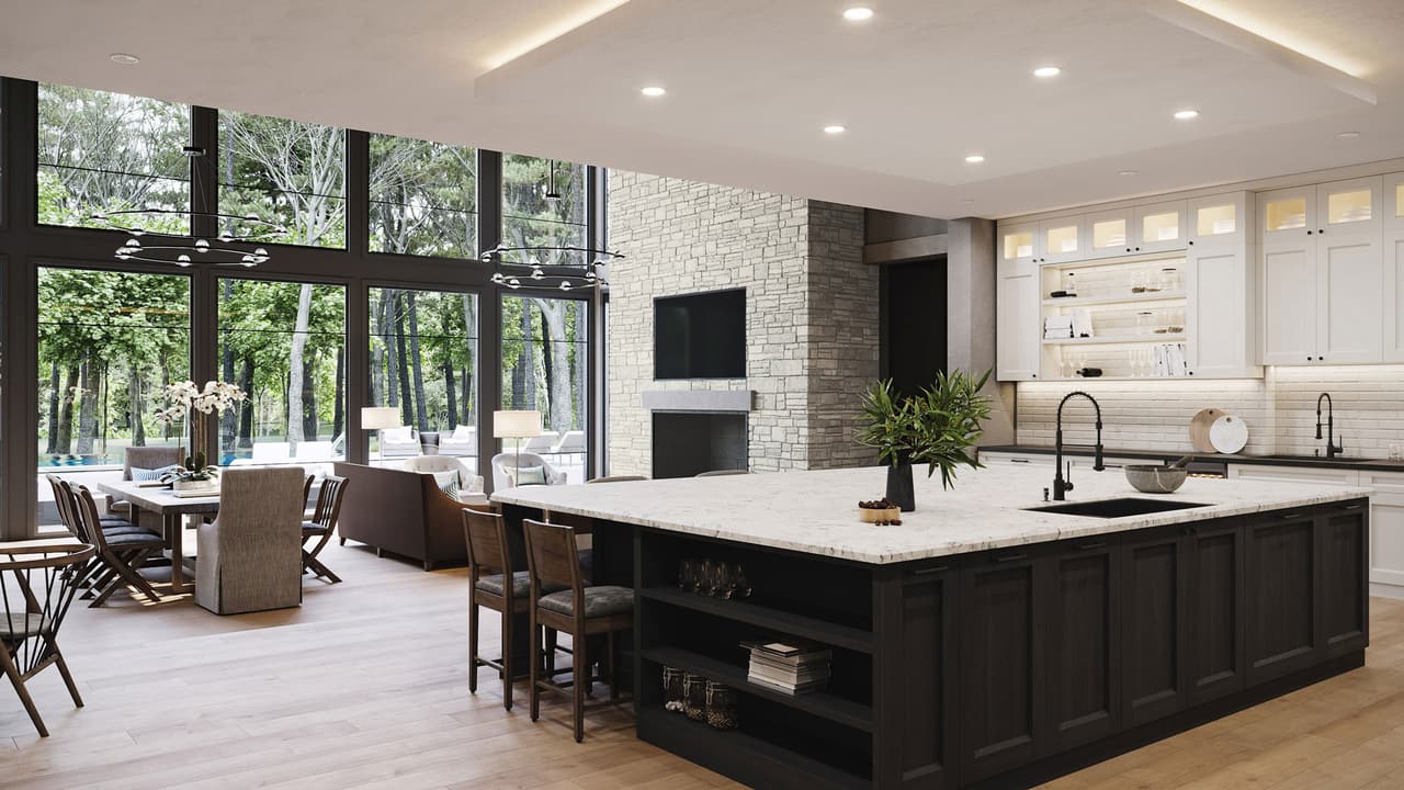 Interior and exterior rendering of a great room with kitchen and dining area