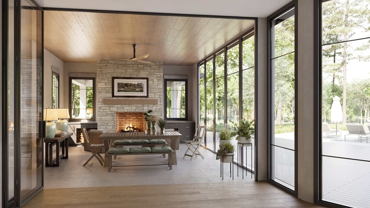 Weather room rendering with lounge seating, fireplace, and large glass doors