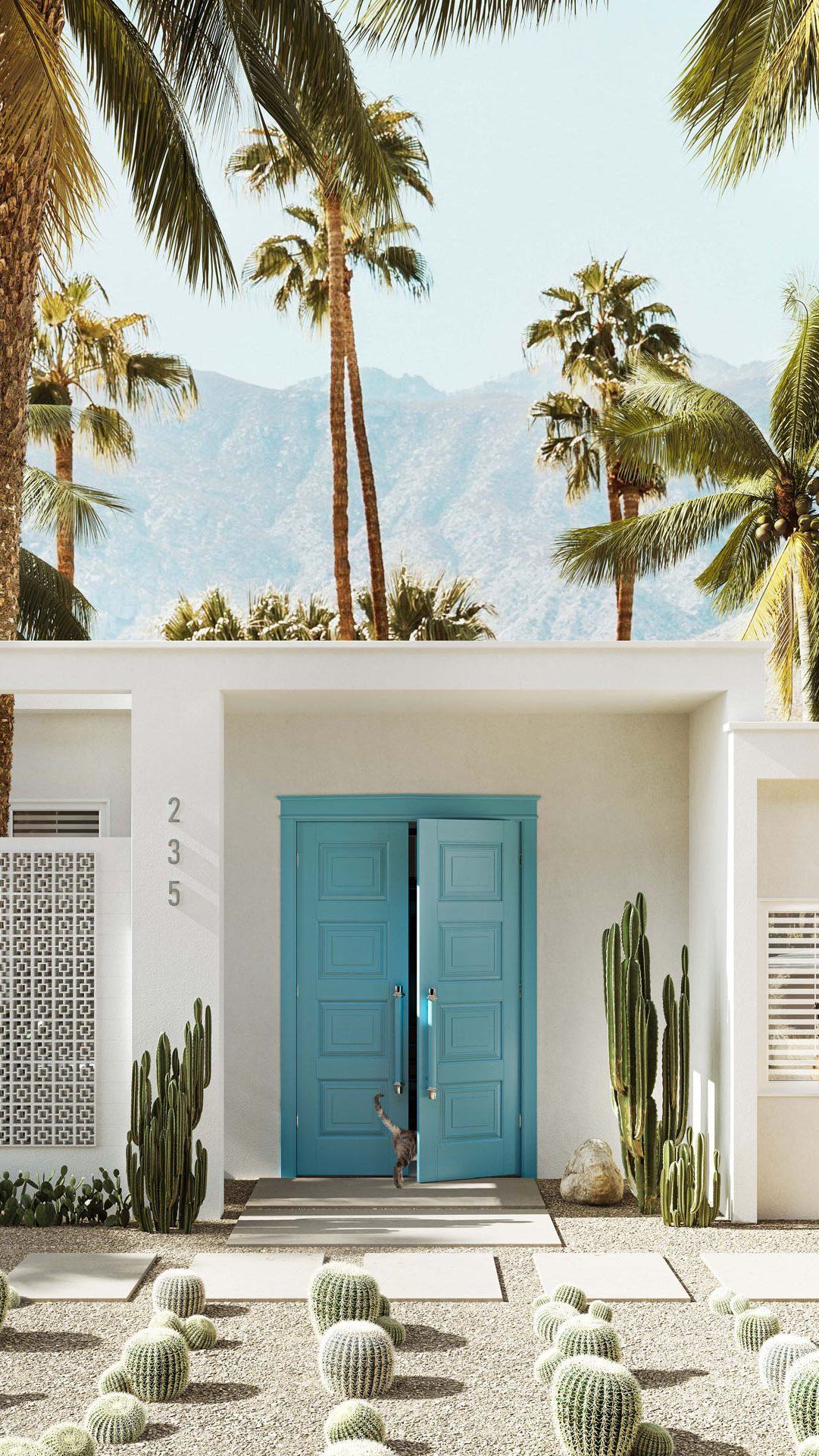Los Angeles 3D rendering — house surrounded by cacti and palms CGI