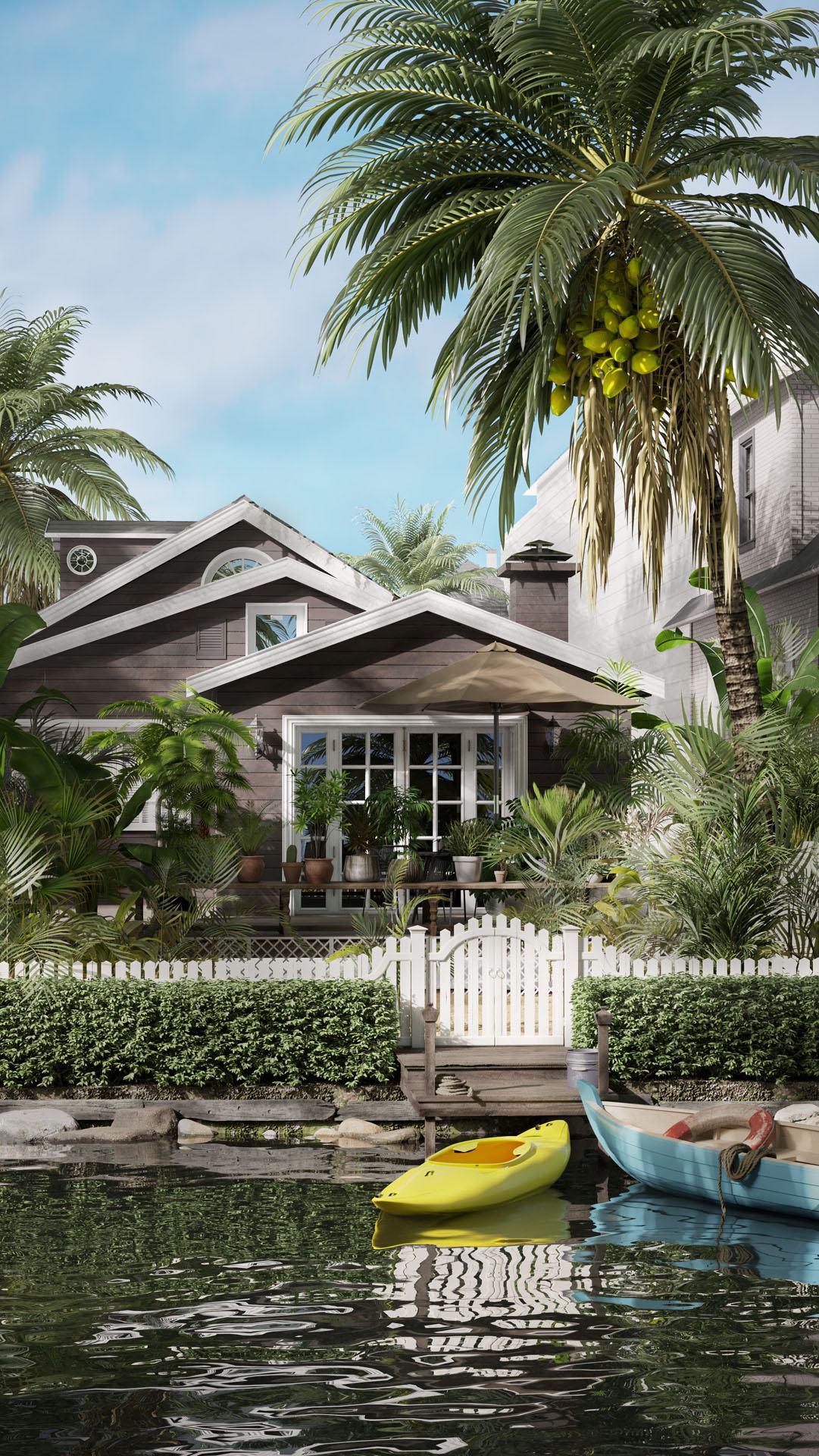 3D rendering Los Angeles — waterfront house evening mood CGI