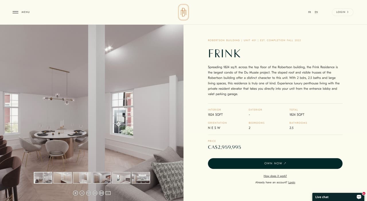 Real estate listing page showing a Frink 3D virtual tour