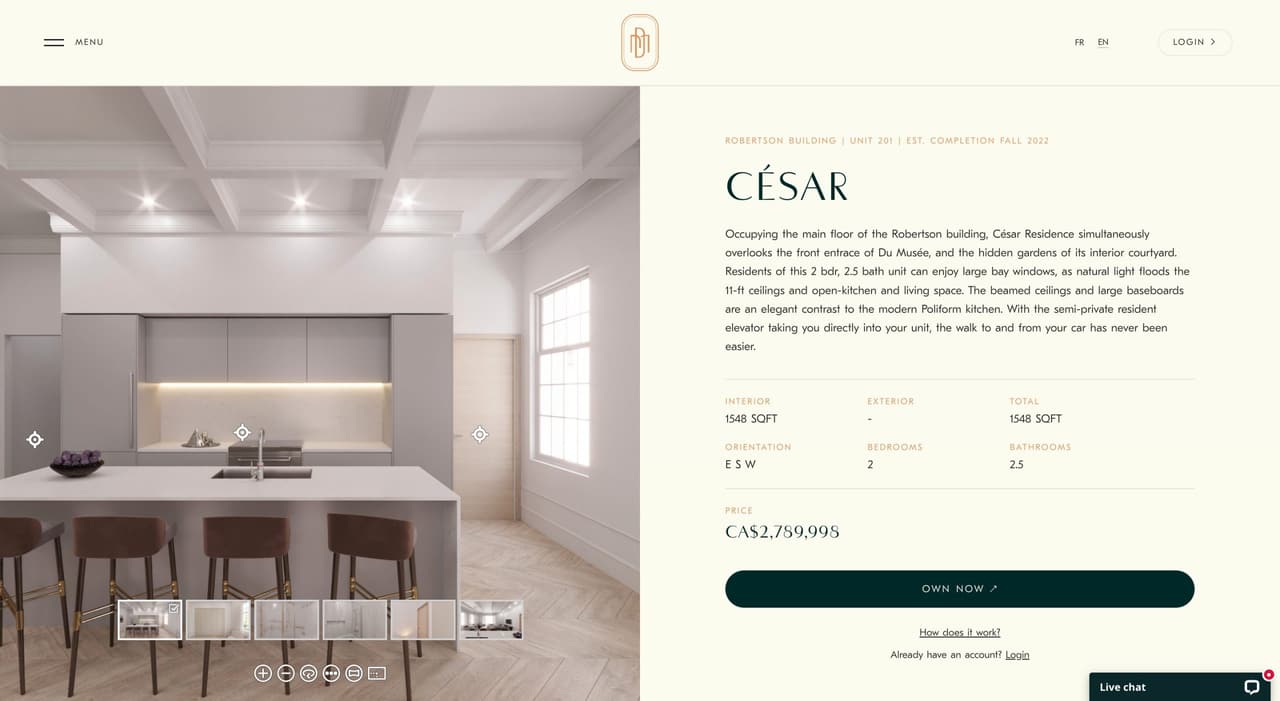 Real estate listing page showing a 3D virtual tour of a kitchen and dining room