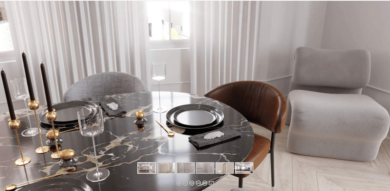 Close-up 3D tour rendering showing photorealistic glass, metal, and fabric materials