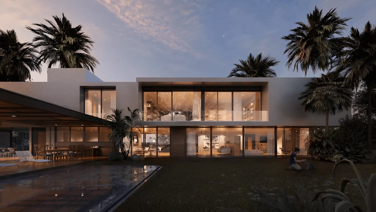 3D design visualization — evening pool California CGI