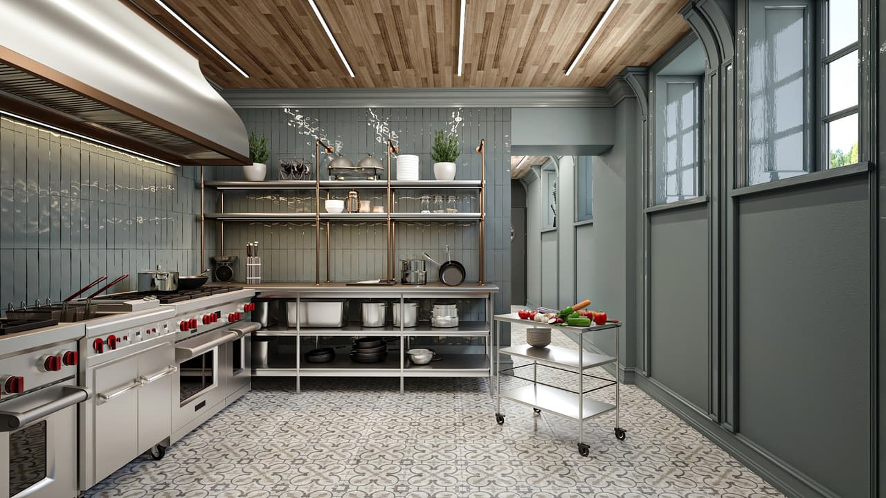 3D Rendering of a Restaurant Kitchen Design