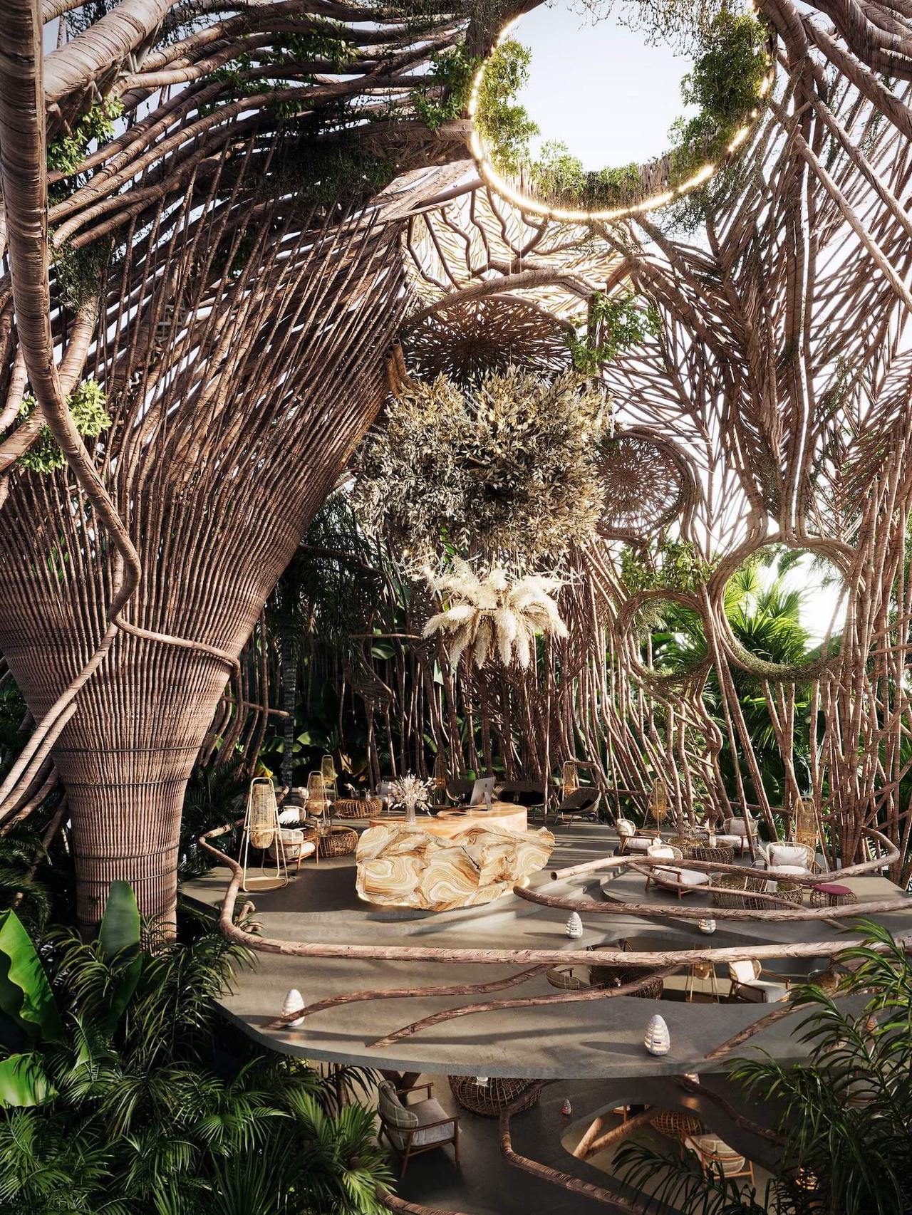 Conceptual hotel lobby rendering — futuristic CGI design