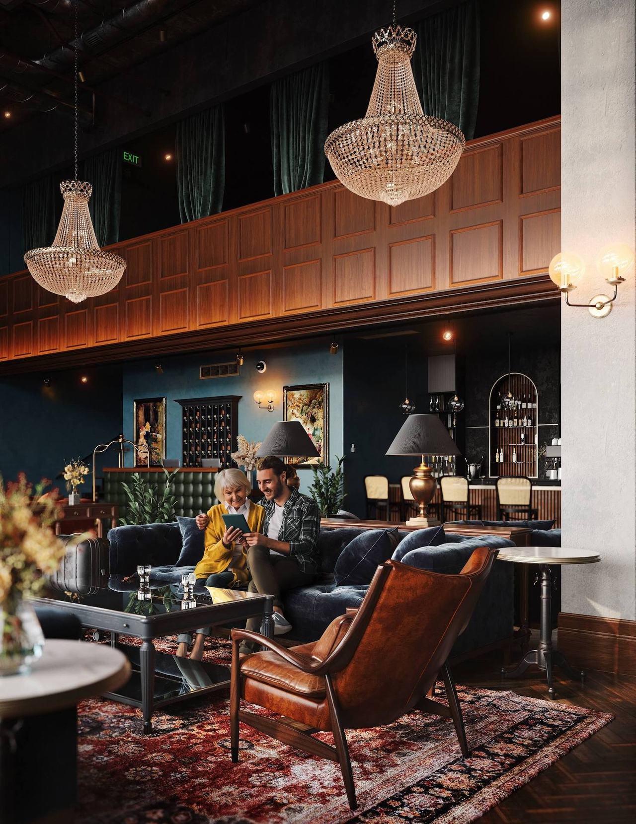 Cozy hotel lobby rendering — warm interior CGI example