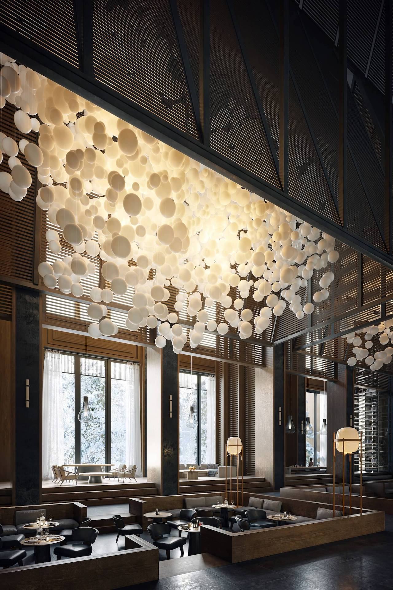 Hotel lobby rendering — chandelier lounge area CGI