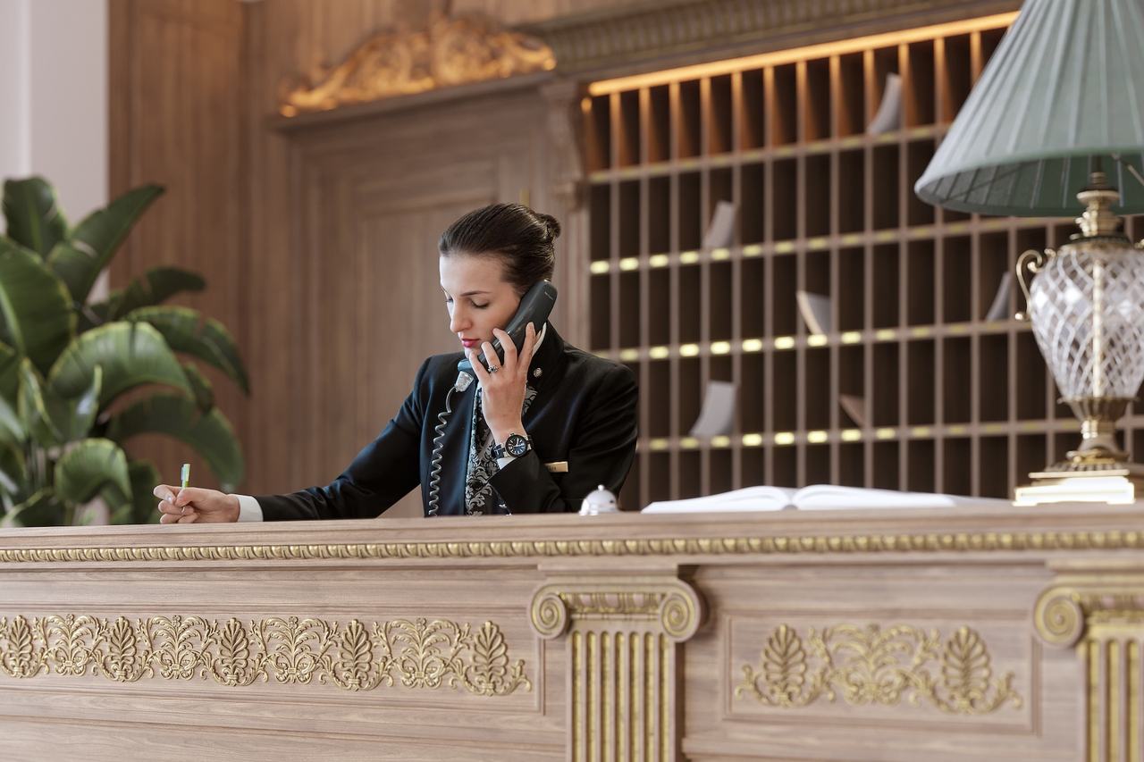 Hotel lobby rendering — reception desk CGI by ArchiCGI