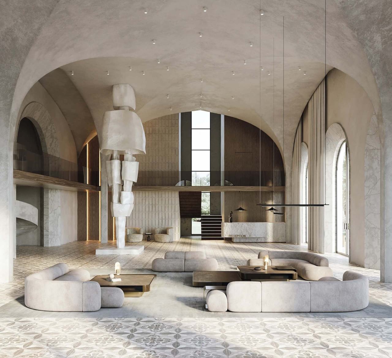 Luxurious hotel lobby rendering — stone monochromatic CG