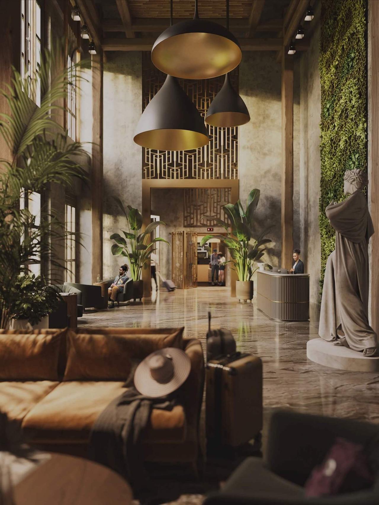 Hotel lobby rendering — tropical resort entrance CGI
