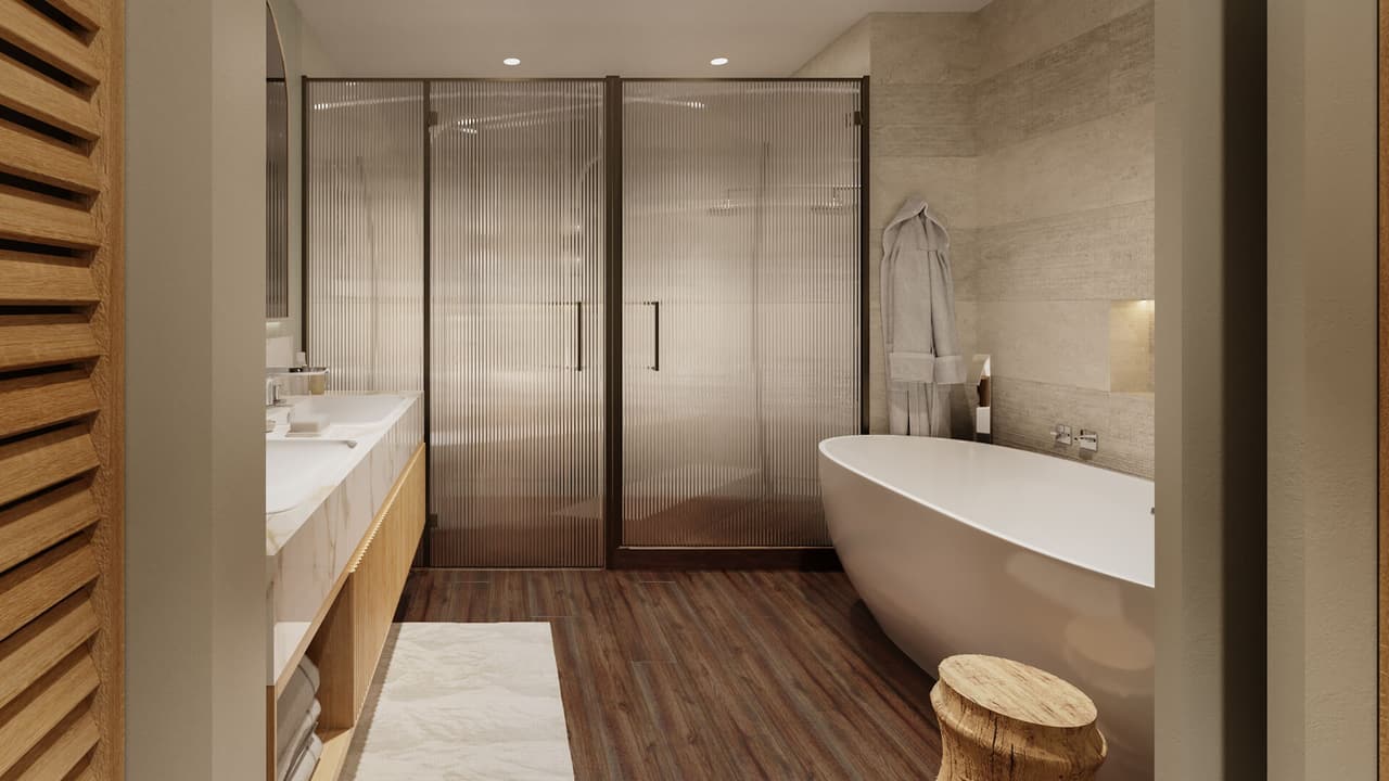 Resort bathroom 3D rendering