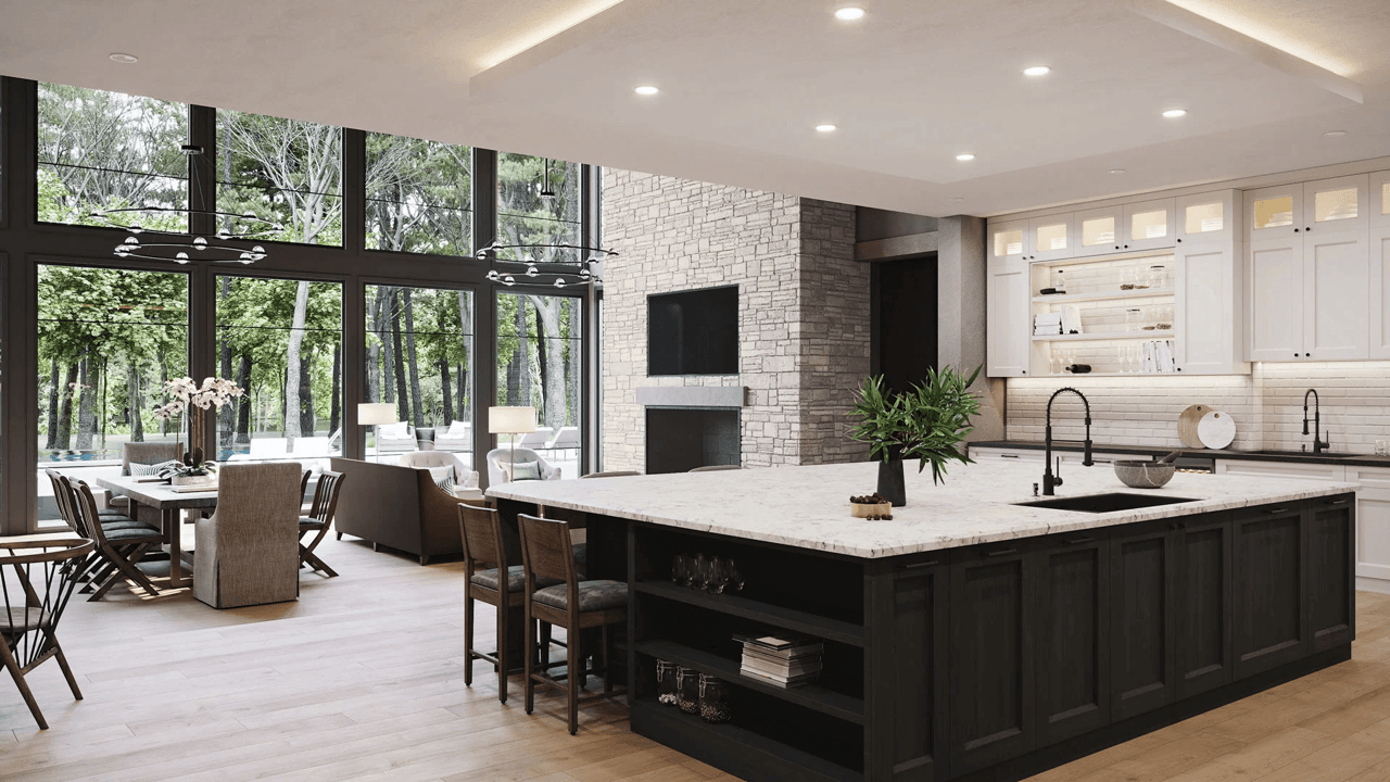 Kitchen design rendering — elegant black island Georgia villa CGI
