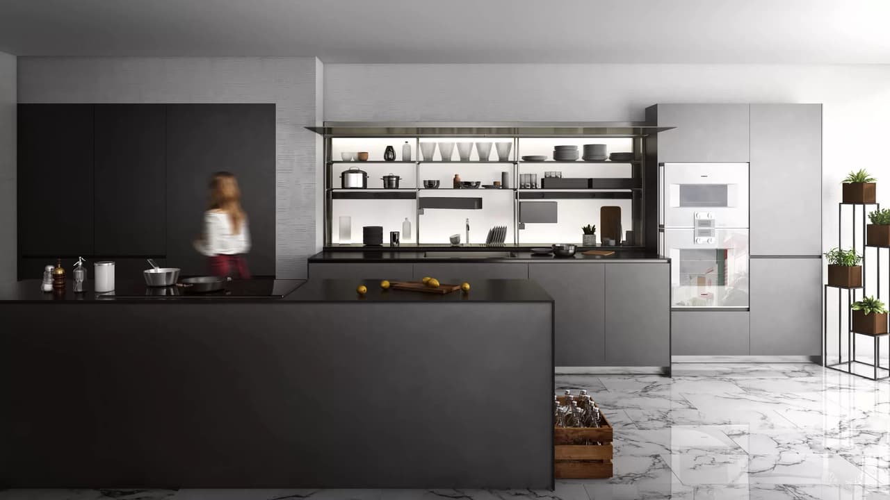 Kitchen rendering — minimalist Valcucine Miami apartment CGI