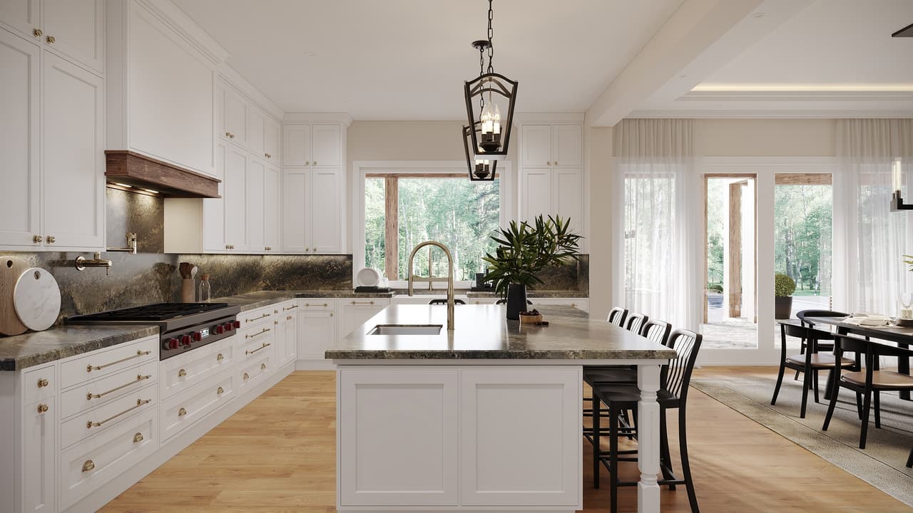 Kitchen rendering — luxury white-panel mansion Georgia CGI