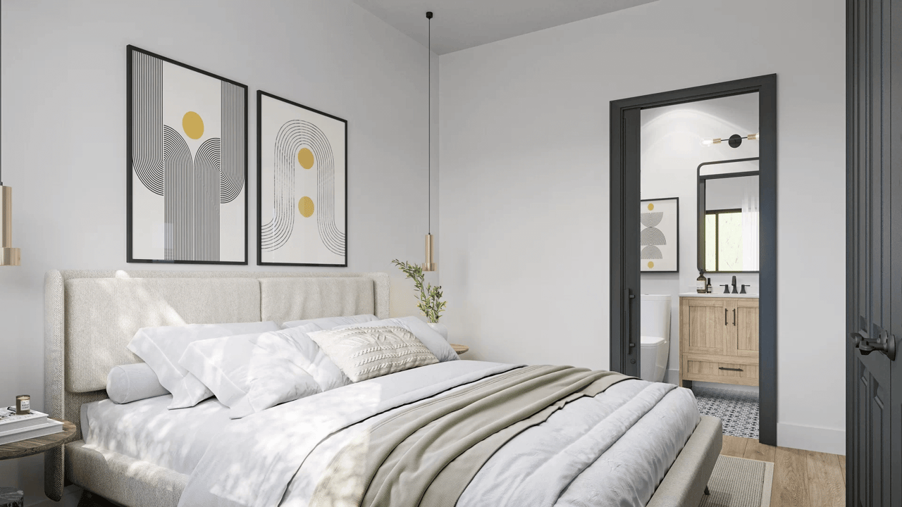 3D bedroom design — LA ADU bungalow minimalist CGI
