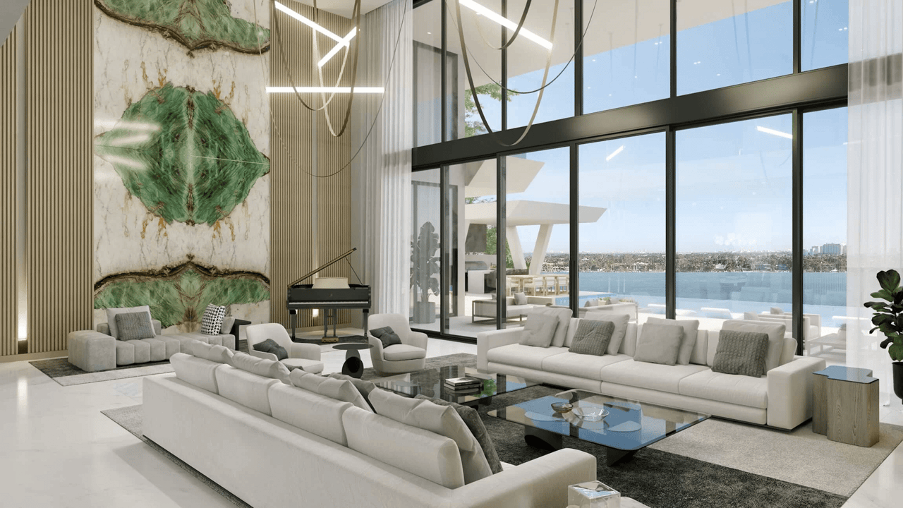 Living room rendering — formal Bal Harbour Florida CGI