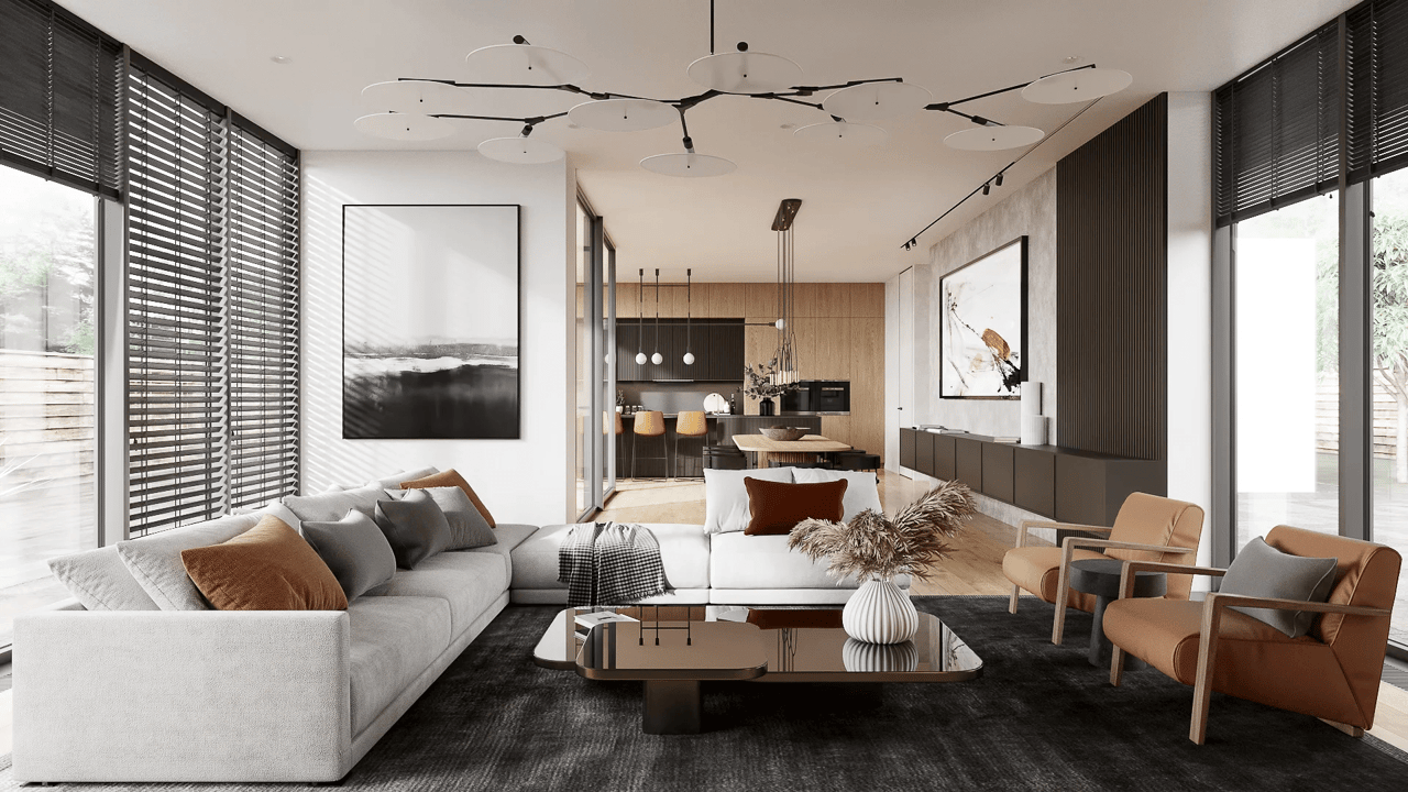 Living room rendering — Philadelphia studio apartment CGI