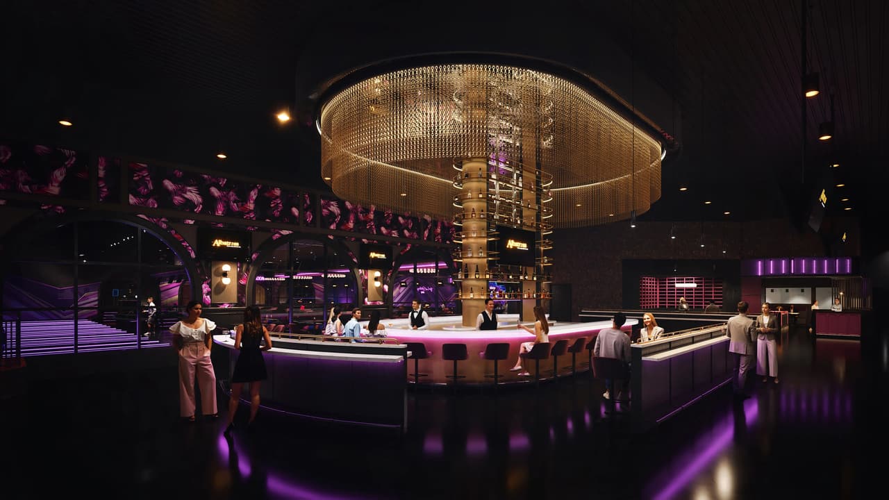 A circular bar with a central chandelier and bottle display featured in a 3D rendering of a hospitality interior