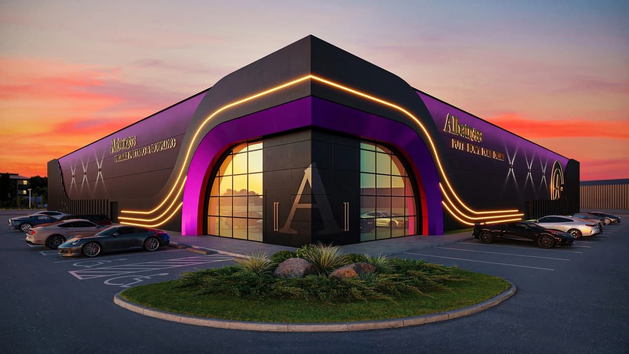 A black entertainment center with arched glass panels and neon signs shown in a 3D rendering of an exterior