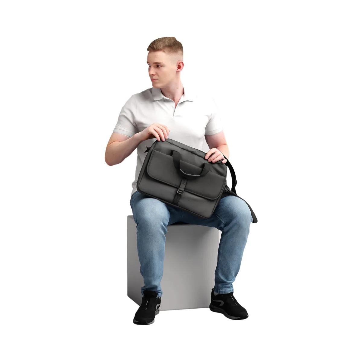Man Holding a Bag Model for a Stadium Audience