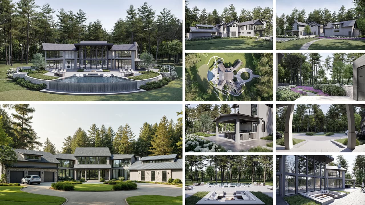 Collage of exterior renderings for a modern villa in Georgia