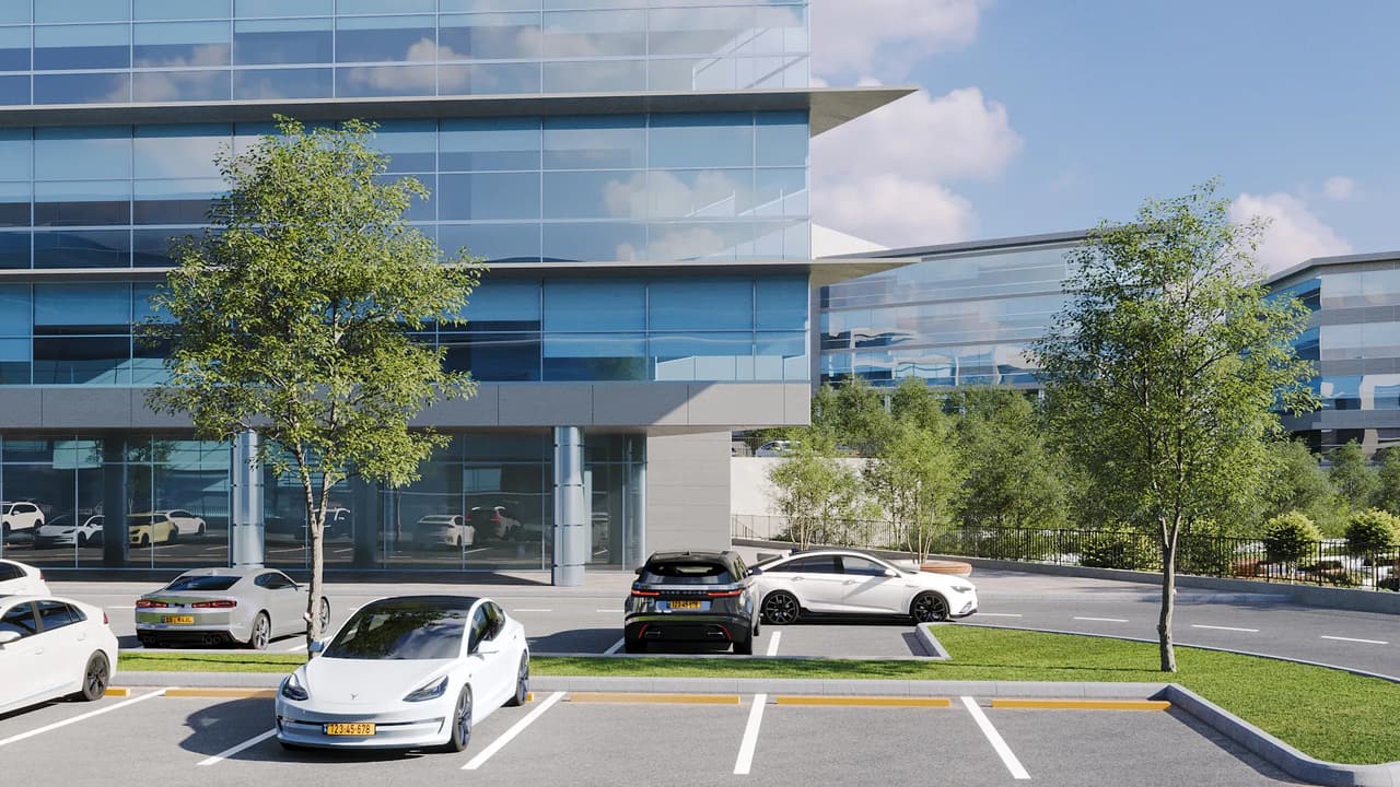 Architectural rendering glass office building parking