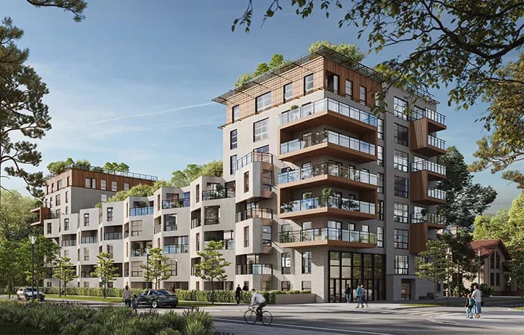 A mid-rise residential complex with balconies standing among tall trees in an architectural 3D visualization