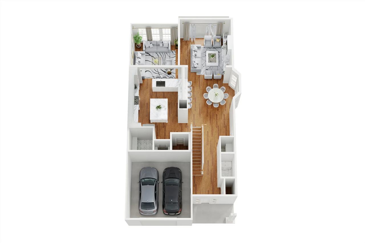 3D floor plan rendering of first-floor living area and garage, Indian Hills Preserve, Long Island NY