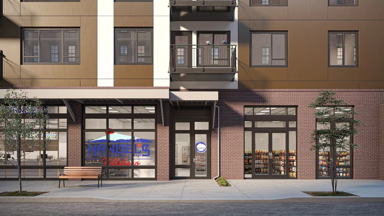 Ice cream shop 3D render — Handel's Hillsboro, Oregon location in a mixed-use brick building