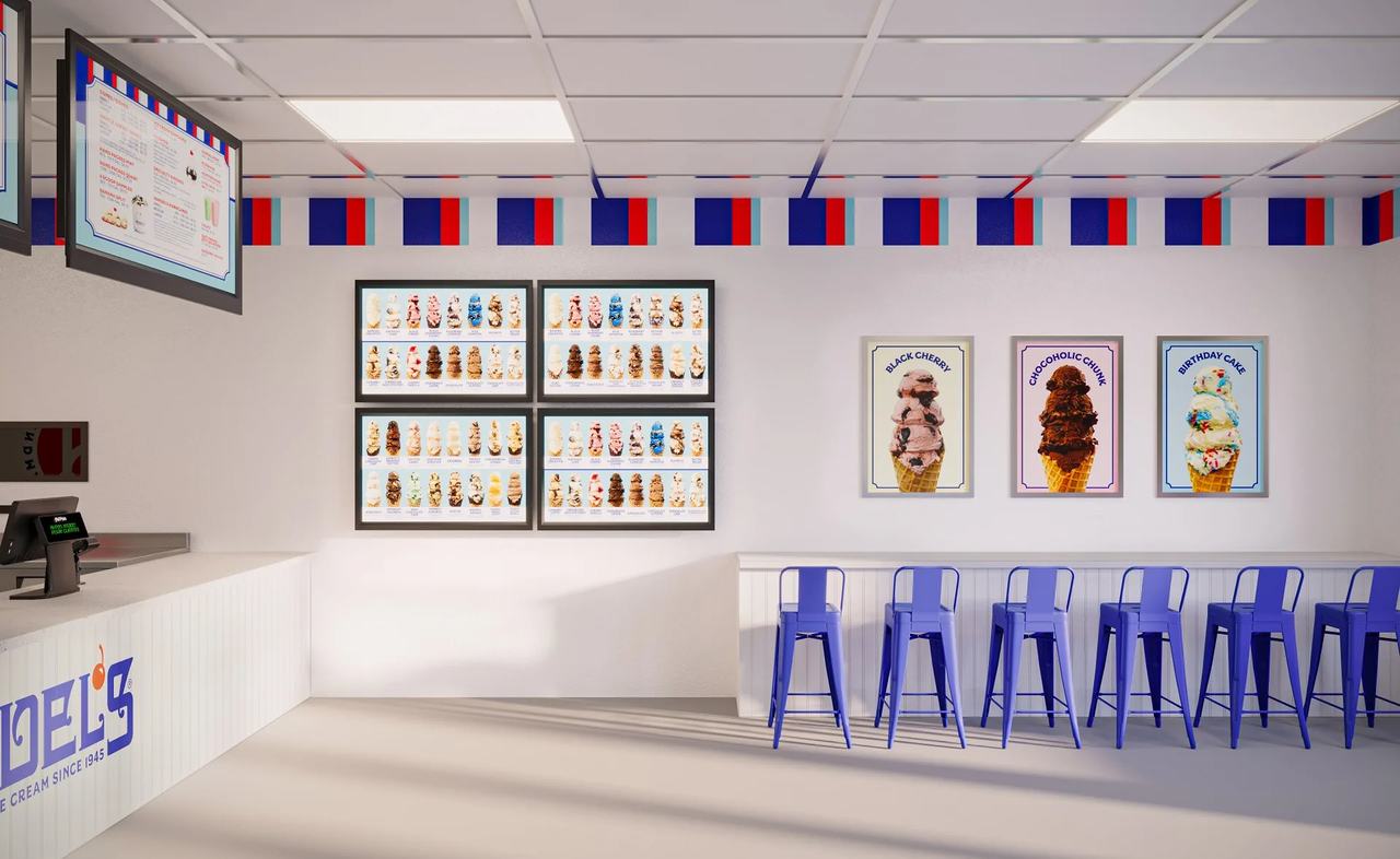 Ice cream shop interior 3D rendering — Handel's Encino, California location with bar stool seating and flavor posters