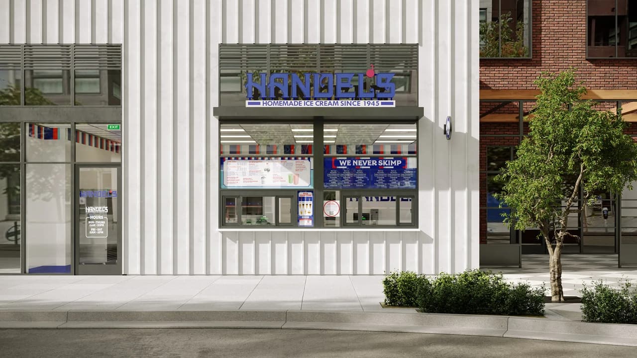 Ice cream shop walk-up window CGI — Handel's urban storefront with service window and menu displays