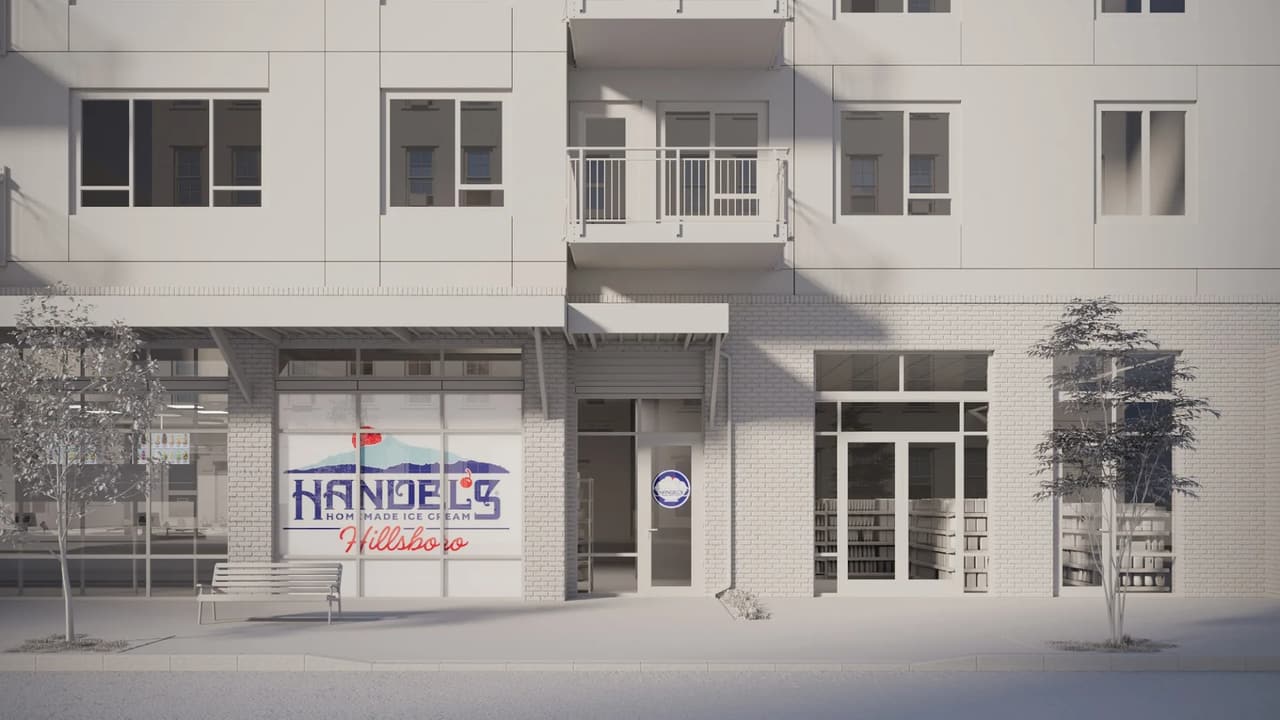 Ice cream store clay render — Handel's Hillsboro, Oregon exterior in pre-material geometry stage