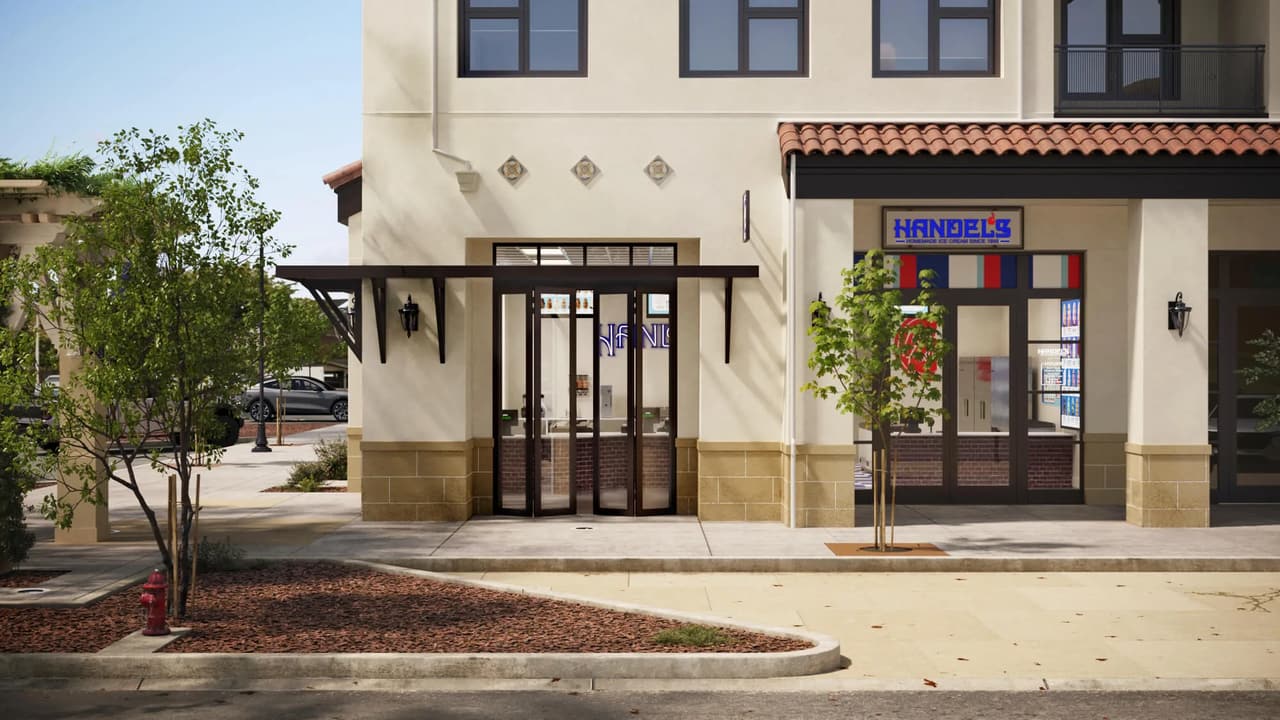 Ice cream store exterior rendering — Handel's Livermore, California walk-in location in a mixed-use building with clay tile roof