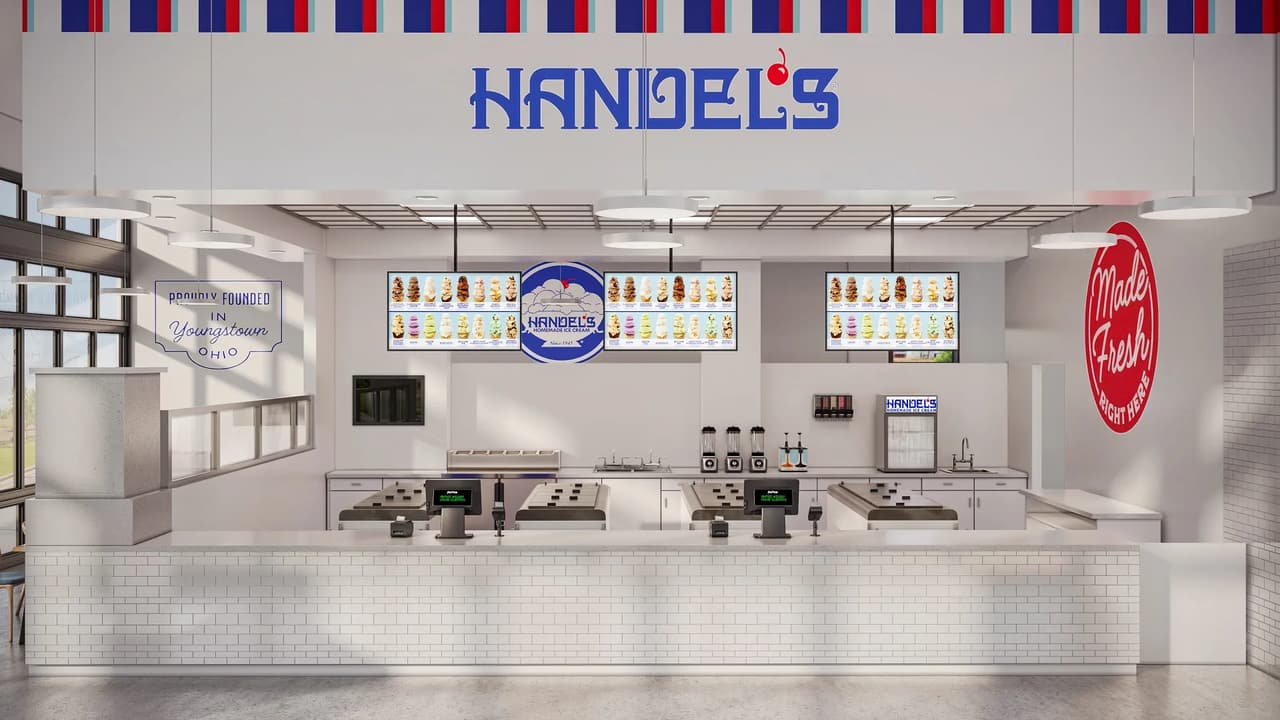 Ice cream store interior CGI — Handel's service counter with white subway tile, pendant lighting, and Proudly Founded In Youngstown Ohio badge