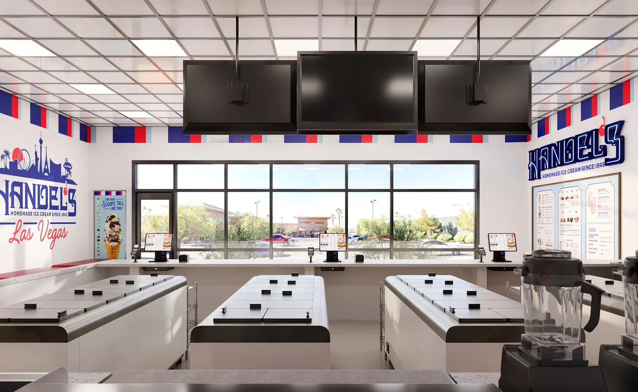 Ice cream store interior CGI — Handel's Las Vegas behind-counter view with dipping cabinets and city skyline wall decal