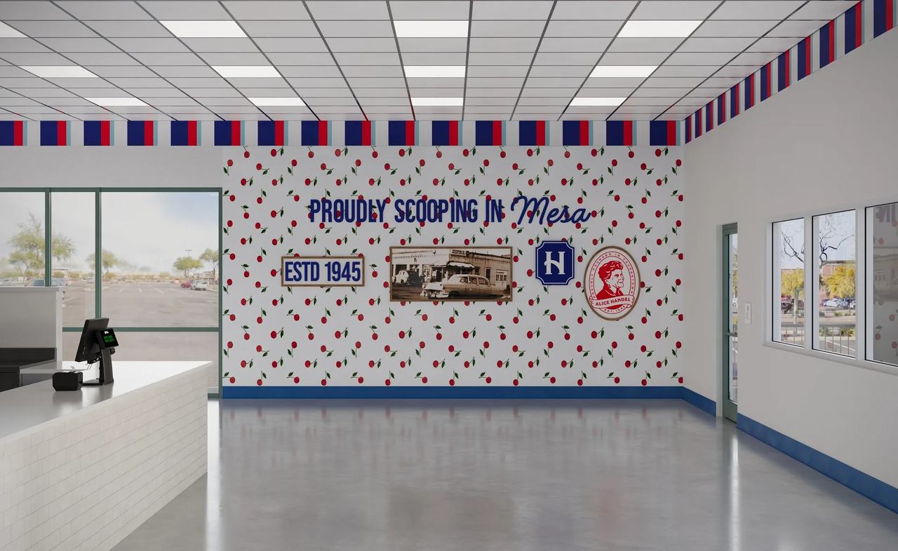 Ice cream store interior rendering — Handel's Mesa, Arizona Proudly Scooping In heritage wall with cherry-print wallpaper
