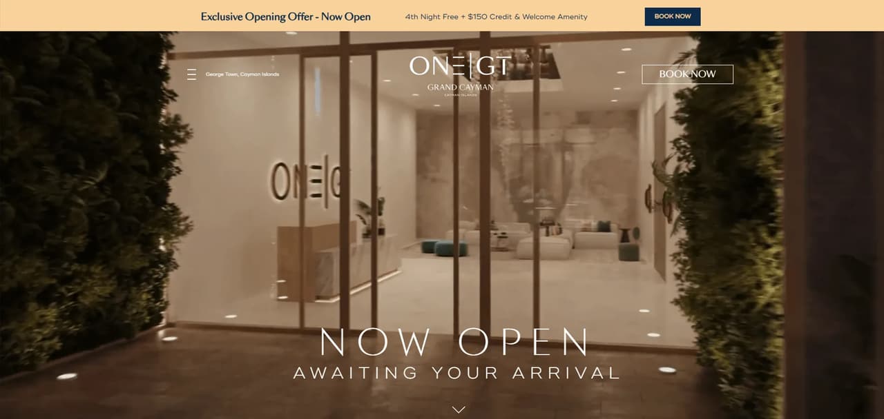 One GT Hotel 3D visualization displayed in a homepage hero section announcing the hotel opening