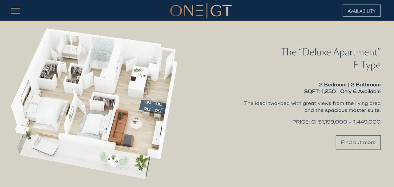 One GT Hotel 3D visualization presenting a furnished apartment floor plan on the accommodation website