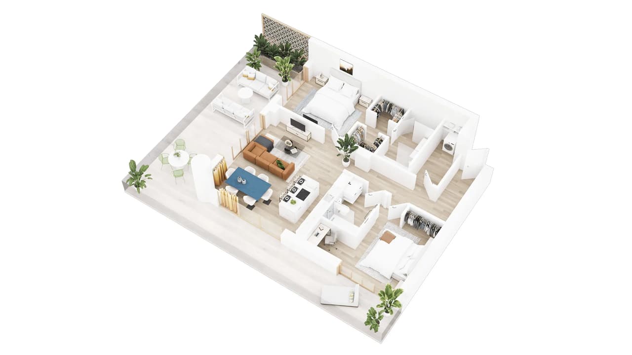 3D Floor Plan Rendering of a luxury hotel suite with multiple bedrooms, terrace seating, and open kitchen