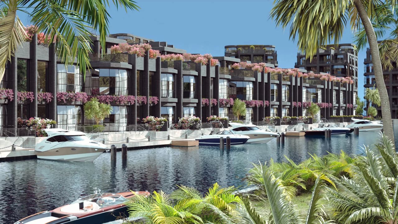 Hotel 3D rendering condominium canalfront townhouse row