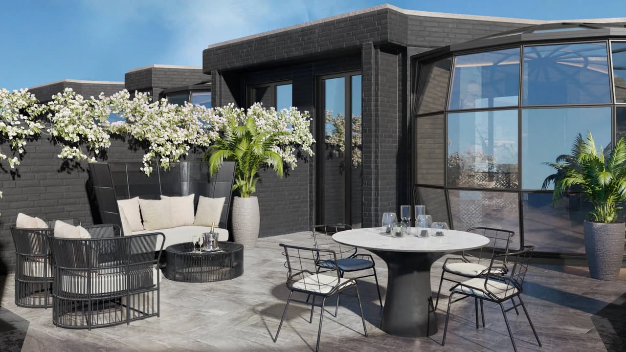 Hotel 3D rendering condominium rooftop terrace lounge