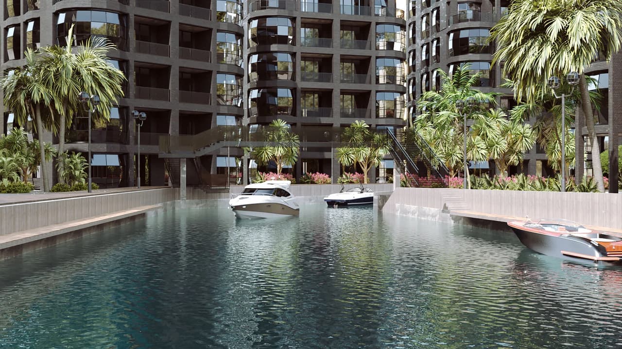 Hotel 3D rendering condominium waterfront courtyard marina