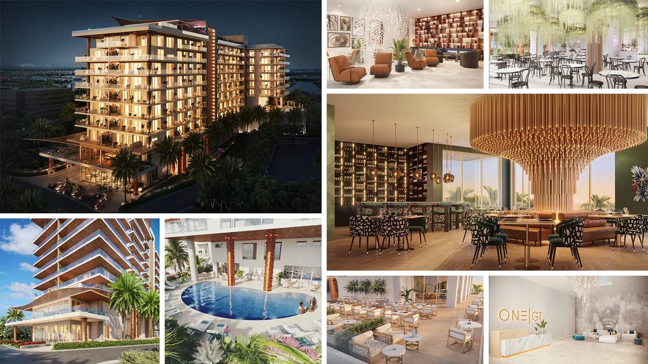 Hotel 3D Rendering collage showcasing hotel architecture, interiors, dining spaces, and resort amenities